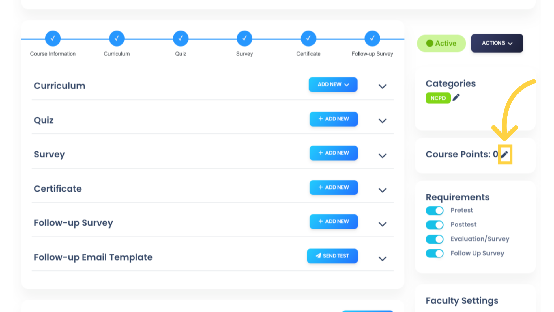 Note the Course Points value is currently set to zero. Click the pencil icon to set a new Course Points value.