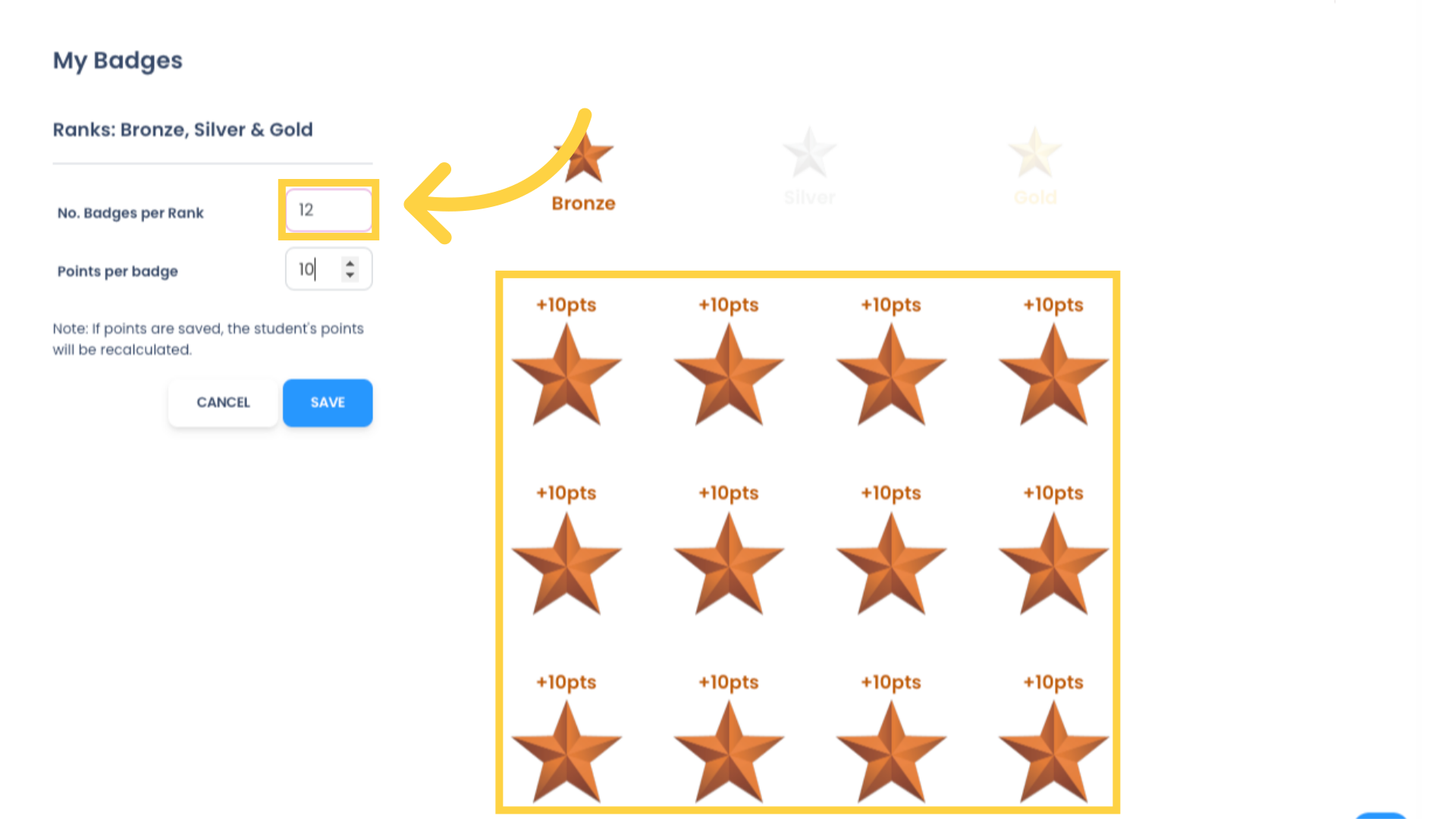 If we change the Number of Badges per Rank, the number of Badges on the page will change to match the new total. Students will now have to earn this number of Badges to achieve the next Rank.