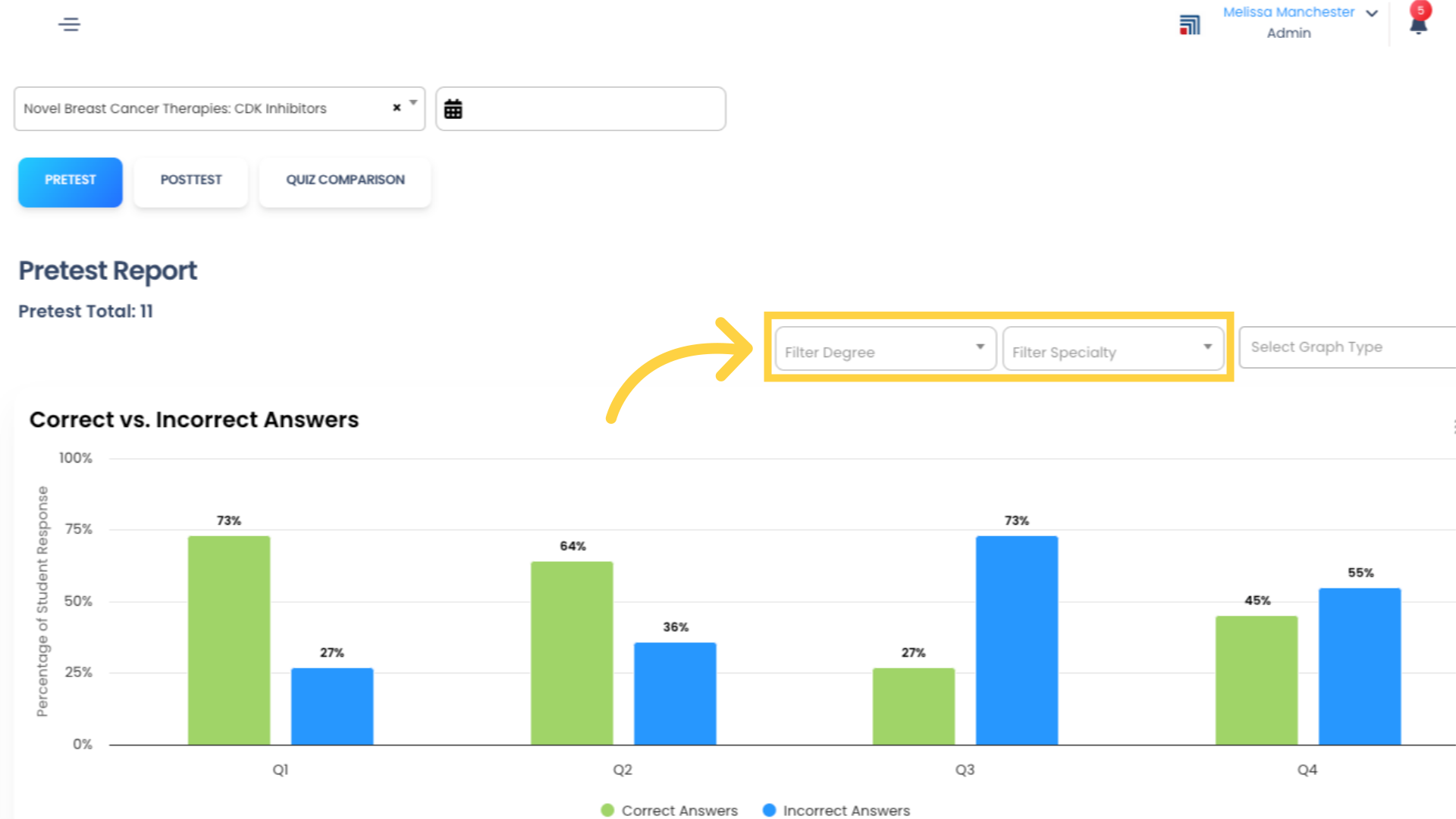 The Quiz Reports can be filtered by Degree and Specialty if you have those fields enabled in your Company Profile. This can be helpful if you want to evaluate the Quiz results of different learner types separately, such as physicians and nurses.