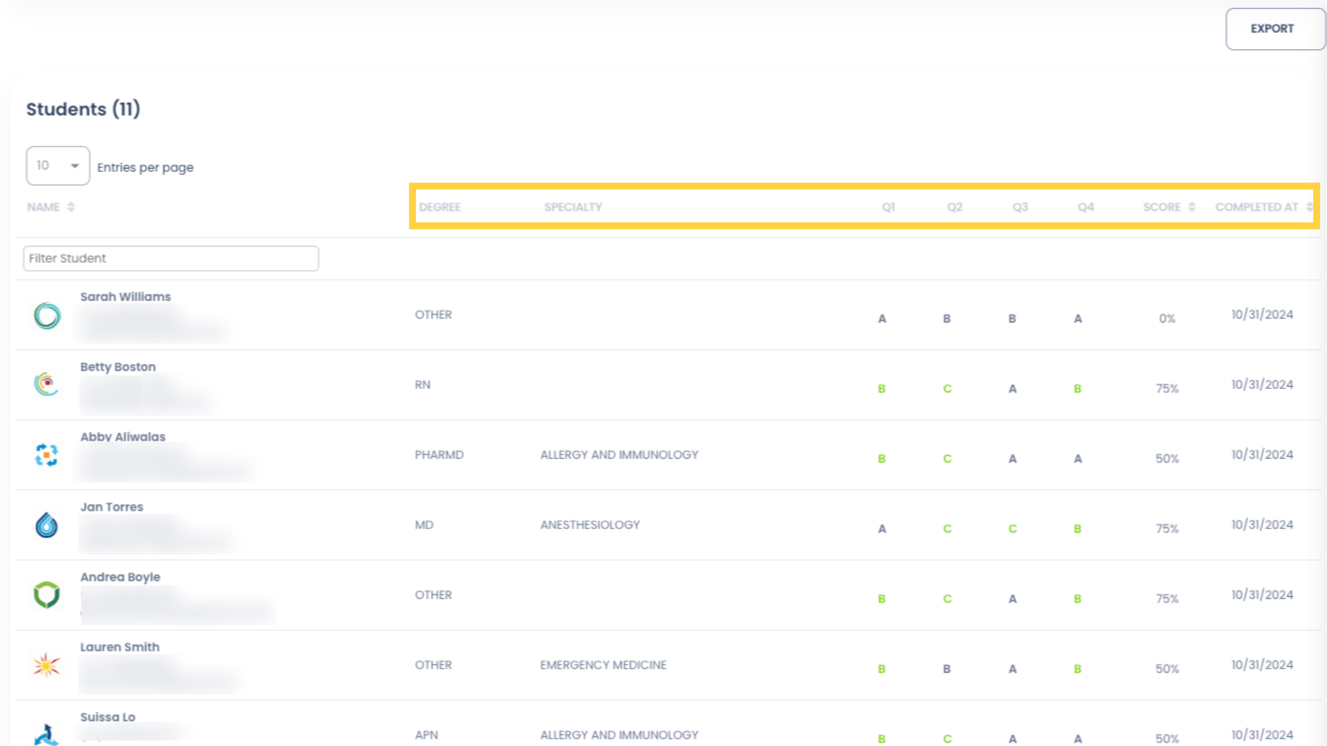 Finally, we have the Students section of the Report. While the top sections of the Report show aggregated data, this section shows the Students' individual responses to the Quiz Questions, as well as their score and the date the Quiz was submitted. Correct answer responses appear in green. Degree and Specialty will also be displayed if those fields are enabled in your Company Profile.