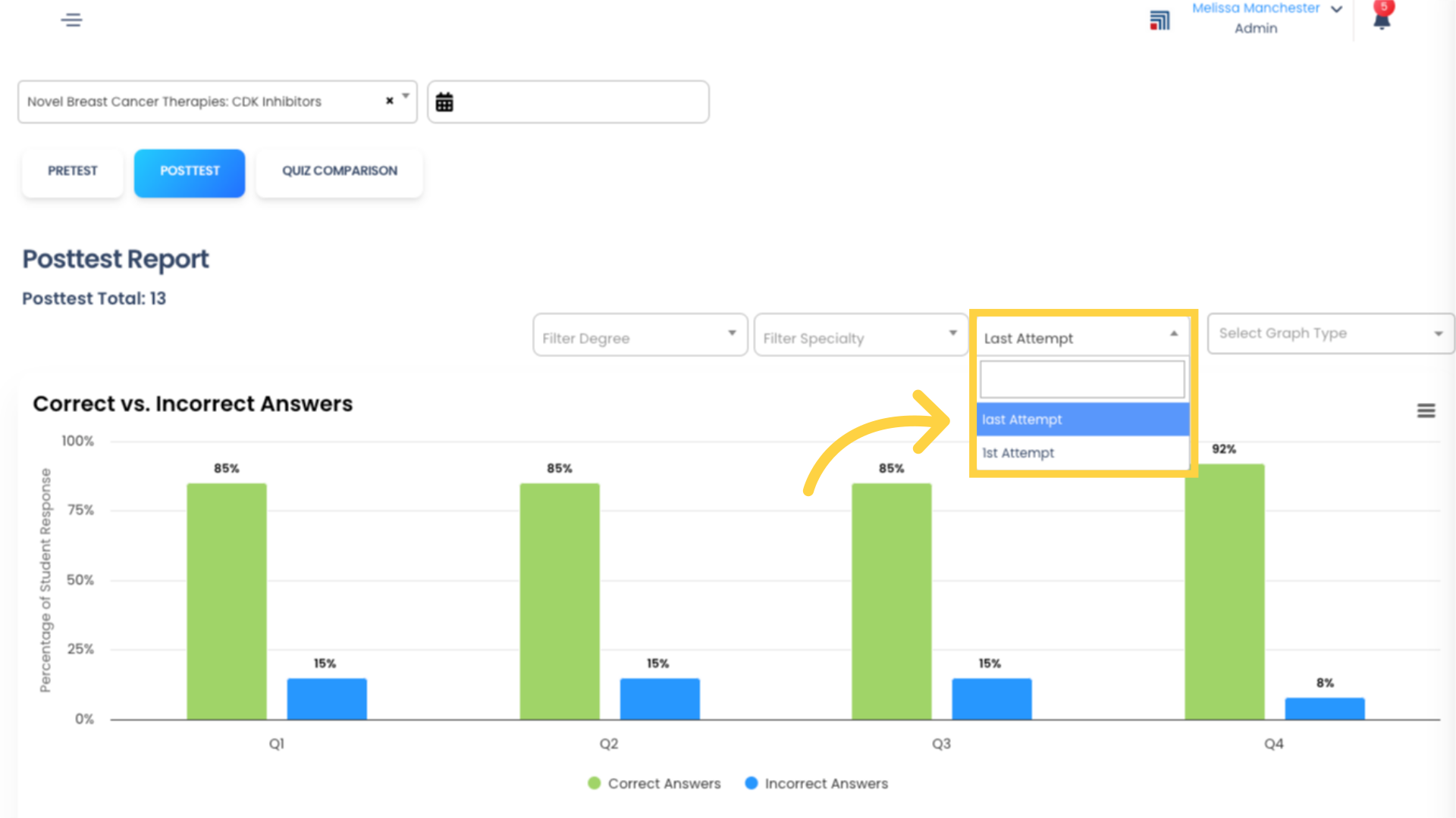 The Posttest Report is nearly identical to the Pretest Report with one major difference: The Posttest Report gives you the ability to report on either the Students' first attempt at the Quiz, or their last attempt. By default, the Report is set to show the Students' last attempt. However, running the Posttest Report on the Students' first attempt may give you a clearer picture of knowledge gain.