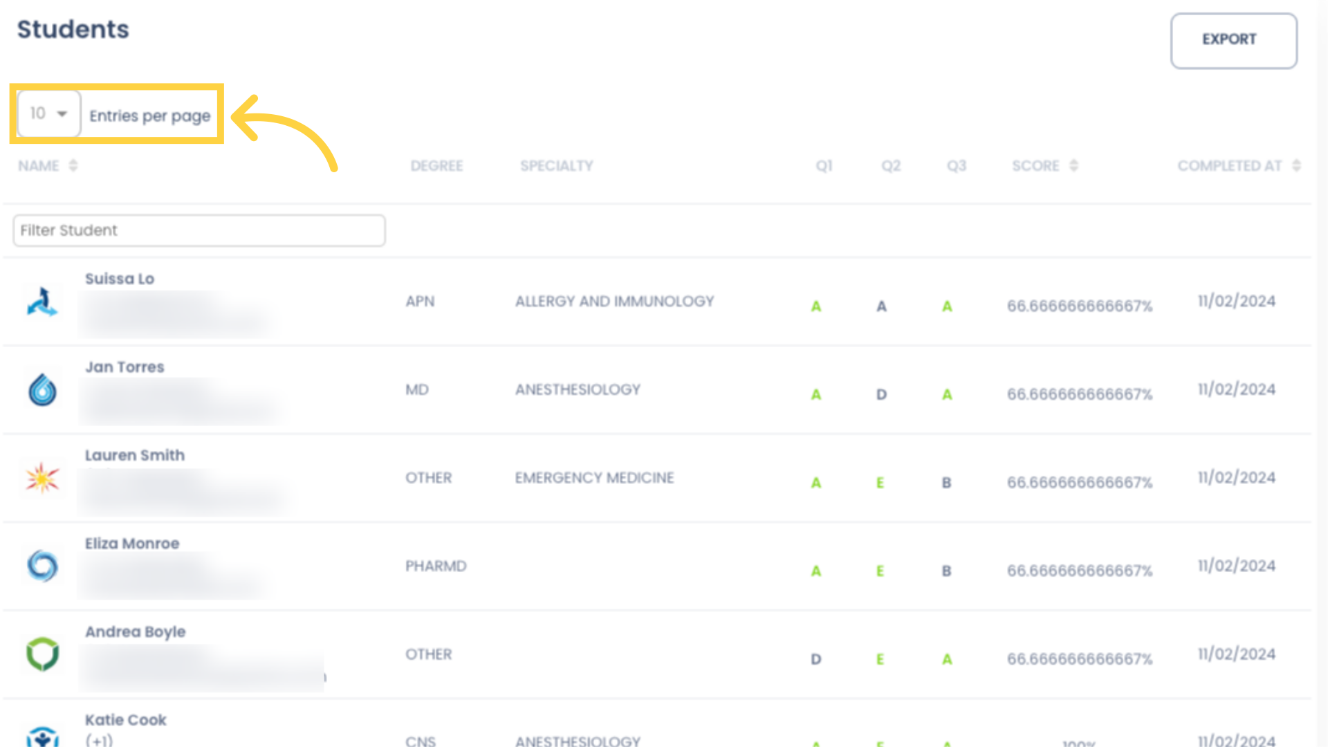 Use the 'Entries per page' dropdown field to show more than 10 records per page.