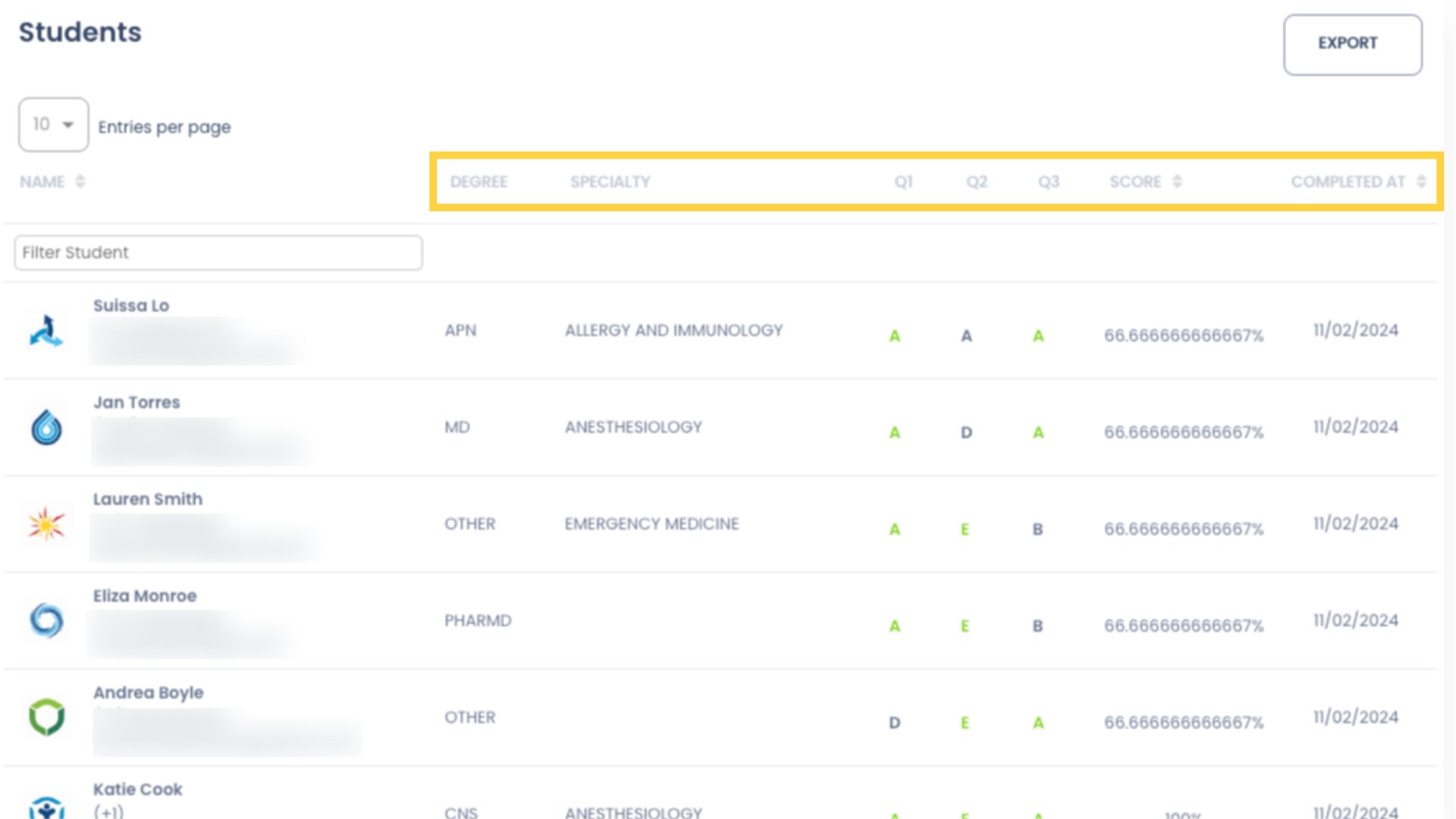 Finally, we have the Students section of the Report. While the top sections of the Report show aggregated data, this section shows the Students' individual responses to the Activity Questions, as well as their score and the date the Activity was submitted. Correct answer responses appear in green. Degree and Specialty will also be displayed if those fields are enabled in your Company Profile.