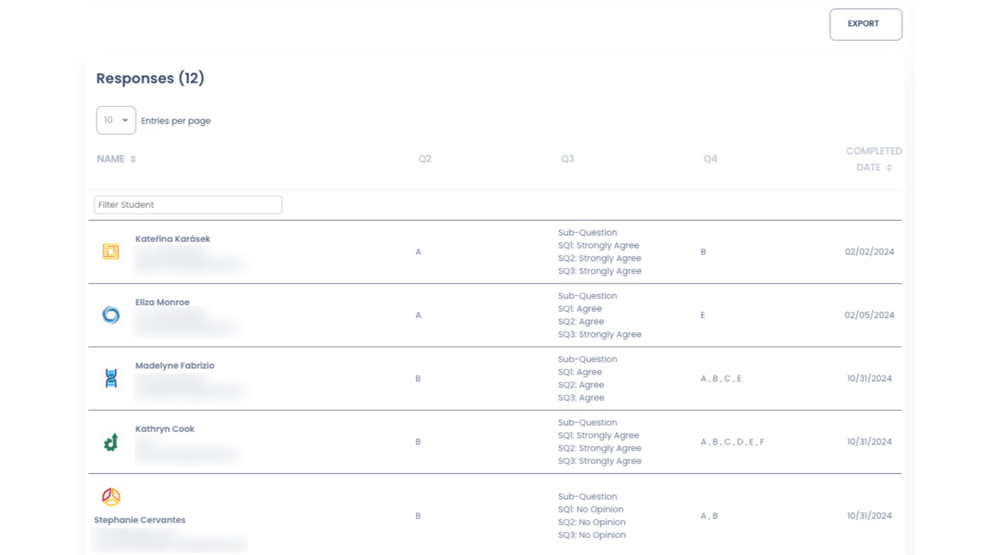 Beneath the Question graphs is the Responses section. This section shows the Students' individual responses to the Evaluation Questions, as well as the date the Evaluation was submitted. Degree and Specialty will also be displayed if those fields are enabled in your Company Profile.