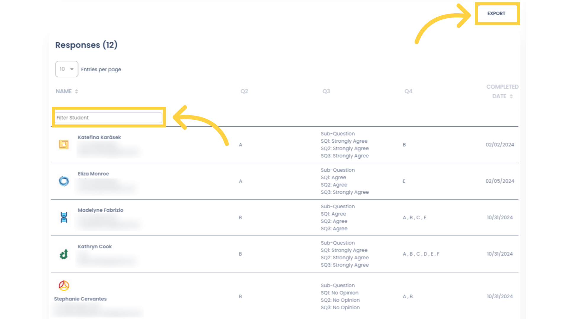 You can search for a specific Student using the Filter field, and you can export this list as an Excel file. Any filtering you have applied to the report will also be applied to the exported file.