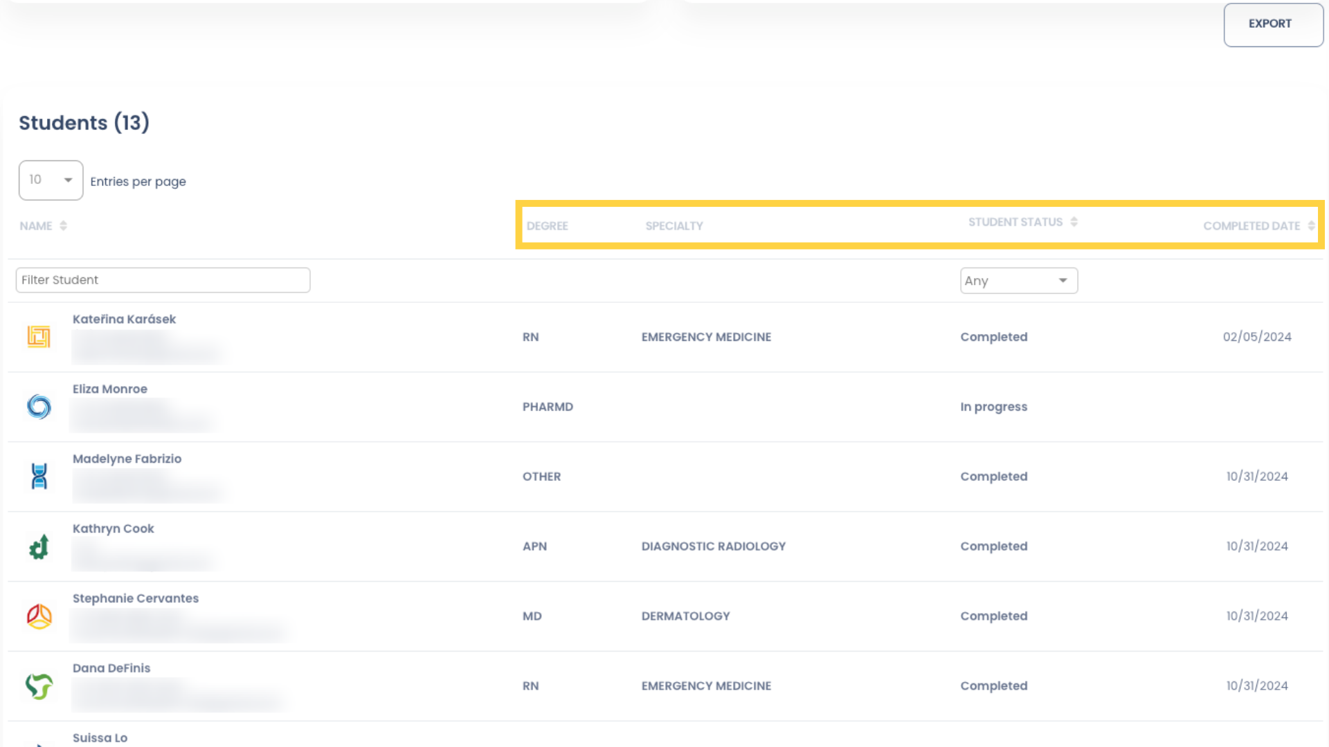 Beneath the graphs, you will see the Students list. This shows a list of Students who have interacted with the selected Course within the selected date range. This report shows the Students' Degree and Specialty if enabled, Student's Course Status, and the Course Completed Date, if applicable.